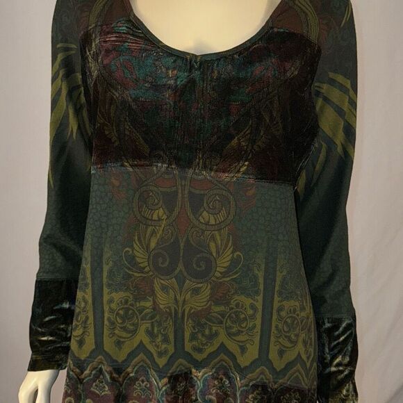 Vintage Y2K Whimsigoth Green Long Sleeve Tunic Top Stretch Burn Out Velvet Size - Picture 3 of 14